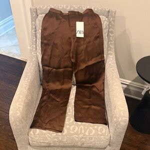 NWT gorgeous Zara woman's Chocolate Brown Satin Dress Pants